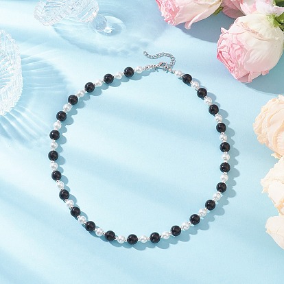 Ожерелья из круглых бусин из запеченного стекла с перламутровым покрытием для женщин, с 304 концевыми цепями из нержавеющей стали, цвет нержавеющей стали, белые