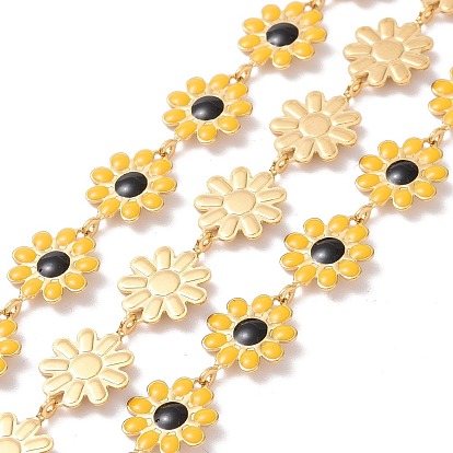 304 Stainless Steel Daisy Flower Link Chains with Enamel, Unwelded, Golden