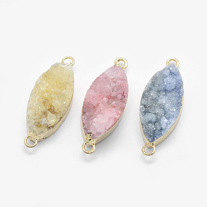 Brass Electroplated Druzy Quartz Crystal Links Connectors, Dyed, Horse Eye, Golden