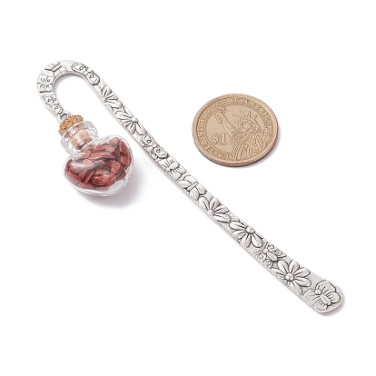 7Pcs Chakra Gemstone Chip inside Heart Glass Wishing Bottle Pendant Bookmarks, Alloy Hook Bookmarks