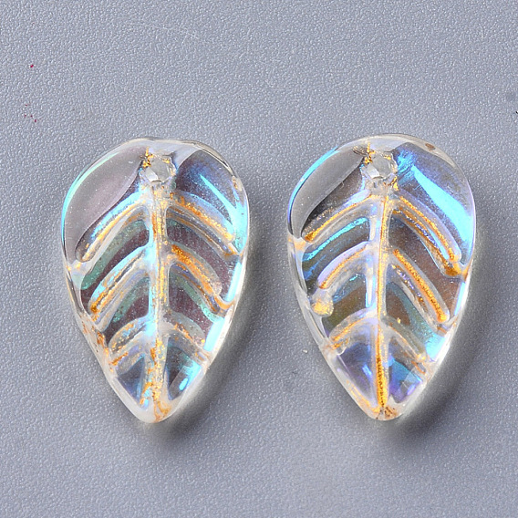 Transparent Glass Pendants, with Glitter Powder, AB Color Plated, Leaf