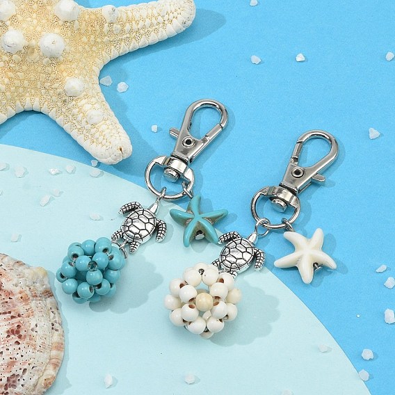 Подвесные украшения из морской звезды и круглой синтетической бирюзы, с бусинами из сплава в тибетском стиле в виде черепахи и поворотными застежками-лобстерами