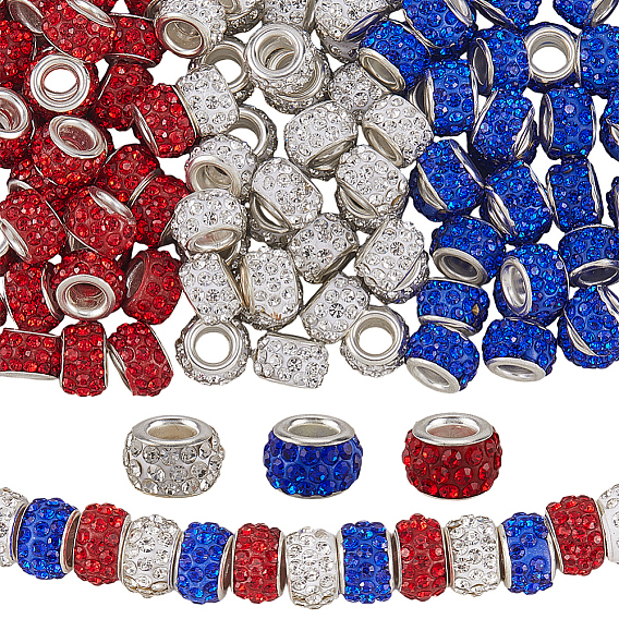 120 шт. 3 цвета, полимерная глина, стразы, европейские бусины с большими отверстиями и латунными сердечниками с серебряным покрытием, рондель