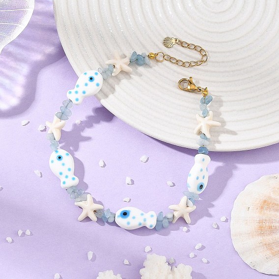 Ocean Natural Gemstone Chip & Synthetic Turquoise Starfish & Handmade Porcelain Fish Beaded Anklets for Women, Golden