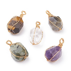 Pendentifs à facettes en pierres naturelles mélangées, avec du vrai fil de cuivre écologique plaqué or 18k, polygone