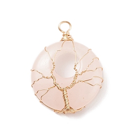 Natural Rose Quartz Pendants, with Eco-Friendly Copper Wire Wrapped, Donut/Pi Disc