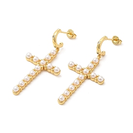 ABS Imitation Pearl Cross Dangle Stud Earrings, Brass Earrings for Women