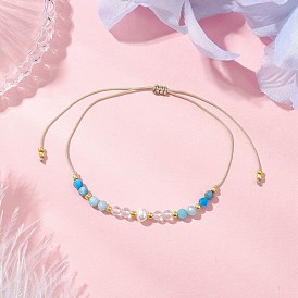 Регулируемые браслеты из плетеных бусин из натурального амазонита, кварца и апатита для женщин, рондель, с вощеной нейлоновой нитью и бусинами из натурального культивированного пресноводного жемчуга