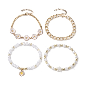 4 pcs 4 styles marguerite fleur alliage émail bracelet à breloques ensembles, bracelets empilables extensibles en perles d'argile polymère faits à la main en acrylique et en étoile pour femmes