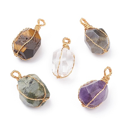 Pendentifs à facettes en pierres naturelles mélangées, avec du vrai fil de cuivre écologique plaqué or 18k, polygone