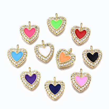 Brass Micro Pave Clear Cubic Zirconia Charms, with Enamel, Cadmium Free & Nickel Free & Lead Free, Heart, Real 16K Gold Plated