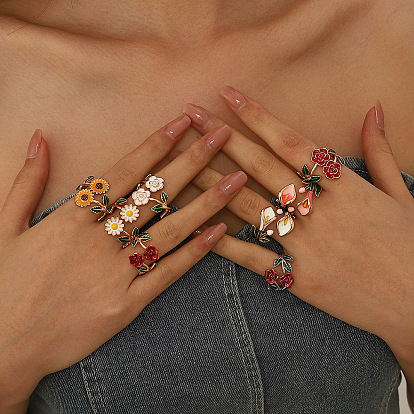 Alloy Enamel Cuff Open Rings, Flower, Golden