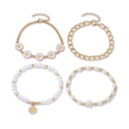 4 piezas 4 estilos conjuntos de pulseras con dijes de esmalte de aleación de flores y margaritas, Pulseras apilables elásticas con cuentas de arcilla polimérica hechas a mano y acrílico estrella para mujer