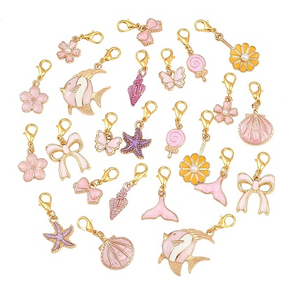 24 Stück 12 Stile rosa Farbe Thema gemischte Formen Legierung Emaille Anhänger Dekorationen, mit Karabiner verschlüsse