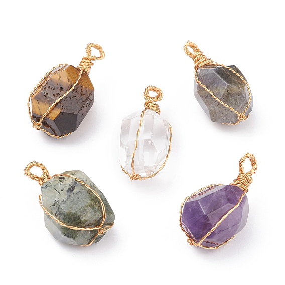 Natural Mixed Stone Faceted Pendants, with Real 18K Gold Plated Eco-Friendly Copper Wire, Polygon