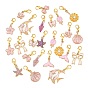 24Pcs 12 Styles Pink Color Theme Mixed Shapes Alloy Enamel Pendant Decorations, with Lobster Claw Clasps