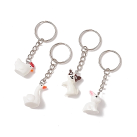 Animal Resin Pendants Keychain, Chicken Goose Dog Rabbit Pendant Keychain, with Iron Findings