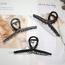 Dark Cross Clamp Hair Accessories Set for Women - 12cm Shark Clip, Ponytail Holder and Bun Maker with Small Rhinestones