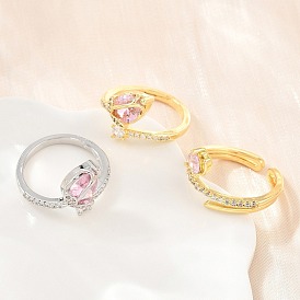 Flower Brass Micro Pave Cubic Zirconia Cuff Open Rings for Women, Cadmium Free & Lead Free, Rack Plating, Long-Lasting Plated