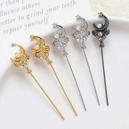 Brass Pave Clear Cubic Zirconia Magic Wand Head Pins, with Pearl, for Baroque Pearl Making