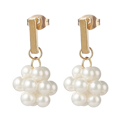 Shell Pearl Braided Ball Dangle Stud Earrings, 304 Stainless Steel Jewelry for Women