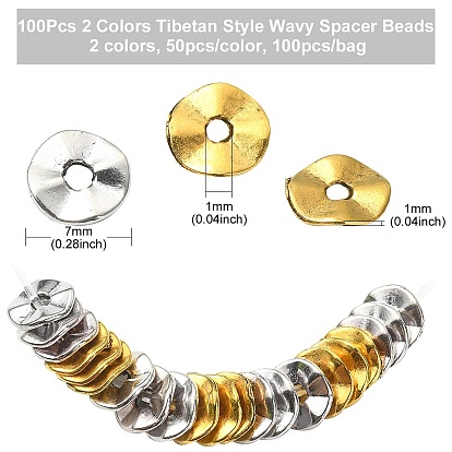 100Pcs 2 Colors Tibetan Style Wavy Spacer Beads, Twist Flat Round