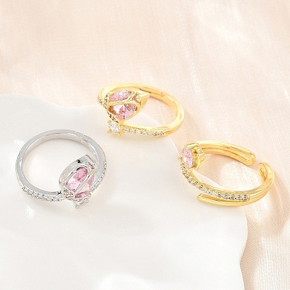 Flower Brass Micro Pave Cubic Zirconia Cuff Open Rings for Women, Cadmium Free & Lead Free, Rack Plating, Long-Lasting Plated