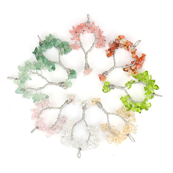Natural & Synthetic Mixed Gemstone Chips Tree of Life Pendant Necklaces, Brass Wire Wrap Necklace with Alloy Chains