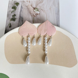 Pink peach girl silver needle earrings pearl cute tassel earrings temperament long heart-shaped earrings