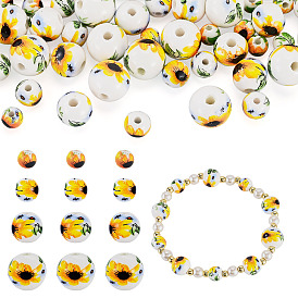 40pcs 4 styles de perles en porcelaine faites à la main, rond avec motif tournesol, porcelaine émaillée lumineux