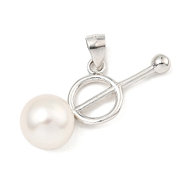 Rhodium Plated 925 Sterling Silver Pendants, with Natural Pearl Beads, Ring Charms, with S925 Stamp
