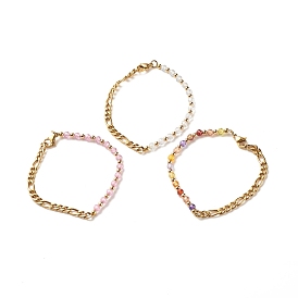 Cubic Zirconia Round Beaded Bracelet with 304 Stainless Steel Figaro Chains for Women, Golden