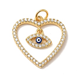 Rack Plating Brass Micro Pave Clear Cubic Zirconia Pendants, with Jump Ring and Enamel, Cadmium Free & Nickel Free & Lead Free, Heart with Evil Eye