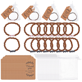 24 шт. круглых эластичных браслетов из натурального дерева с бусинами, с 24шт. подарочные бирки из крафт-бумаги, 24 подарочные пакеты из органзы