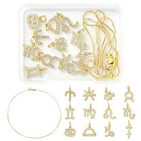 DIY 12 Constellations Necklace Making Kit, Including Brass Micro Pave Cubic Zirconia Charms, Brass Venetian Chain Necklaces
