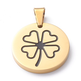304 Stainless Steel Pendants, with Enamel, Polishing, Flat Round with Clover
