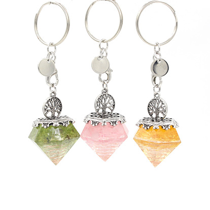 Resin Diamond Shape with Natural Gemstone Chip inside Pendant Keychain, Metal Tree of Life & Key Ring Charm for Bag Car Ornaments