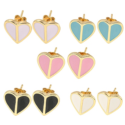 Pendientes de botón de latón dorado con forma de corazón, con esmalte