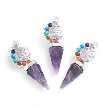 Gemstone Big Chakra Pendants, with Platinum Plated Brass Findings, Tree of Life & Cone