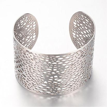 304 Stainless Steel Filigree Cuff Bangles, Wide Band Bangles