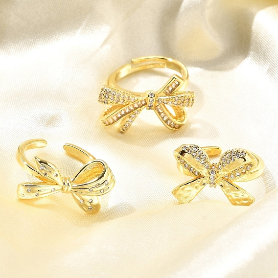 Кольца-манжеты для пальцев с покрытием из латуни с микропаве из прозрачного кубического циркония для женщин, долговечный, бантом