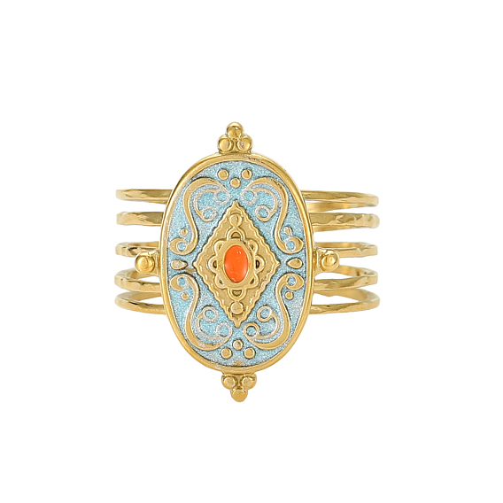 304 Многорядные кольца из нержавеющей стали с эмалью для женщин, овальные с ромбами, ионное покрытие (ip), долговечный, реальный 18 k позолоченный