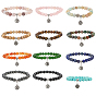 12Pcs 12 Colors Gemstone Round Bead Bracelets, Flat Round with Moon & Star Alloy Charm Bracelets