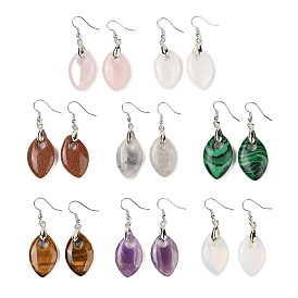 Natutal & Synthetic Gemstone Dangle Earrings, with Rack Plating Brass Earring Hooks, Lead Free & Cadmium Free, Leaf