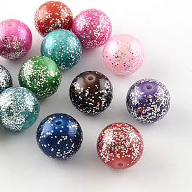 Vaporisez peintes perles rondes acryliques avec de la poudre de paillettes d'argent, 20mm, trou: 3 mm, environ 105 pcs / 500 g