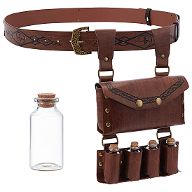 1Pc PU Imitation Leather Waist Belt Bag with 4 Cork Glass Bottles, Waist Pouch Side Pack for Halloween Party Role Play, with 1 Bag Medieval PU Leather Waist Belts