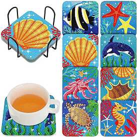 DIY Marine Animal Theme Diamond Painting Square Wood Cup Mat Kits, Coster Holder, Resin Rhinestones, Diamond Sticky Pen, Tray Plate and Glue Clay