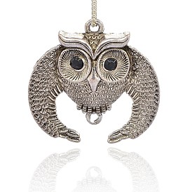 Plaqué argent antique pendentifs d'oiseaux alliage de strass, chouette pour Halloween, 48x49x10mm, Trou: 3mm