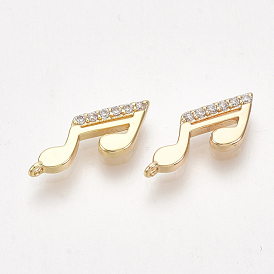 Brass Charms, Nickel Free, Real 18K Gold Plated, with Cubic Zirconia, Musical Note, Clear