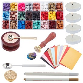 CRASPIRE DIY Wax Seal Stamps Kit, Including Sealing Wax Particles, Paper Envelopes, Iron Spoon, Beech Wood Handle, Metallic Marker Pens, Wax Stick Melting Pot Holder, Candle